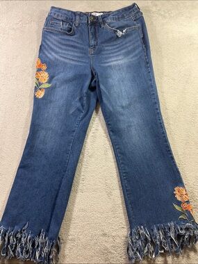 Royalty For Me Jeans  Slim Boot Cut Distressed wOrange Floral Embroidery Size 10
